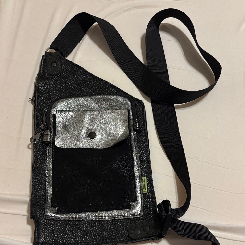 Green Pear leather -Chic Black and Silver Women's Crossbody Bag NWOT